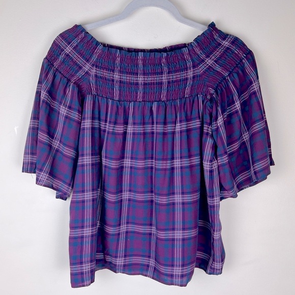 Parker | NWT Prairie Coastal Vibes Plaid Short Sleeve Off Shoulder Top | XS - Picture 1 of 8
